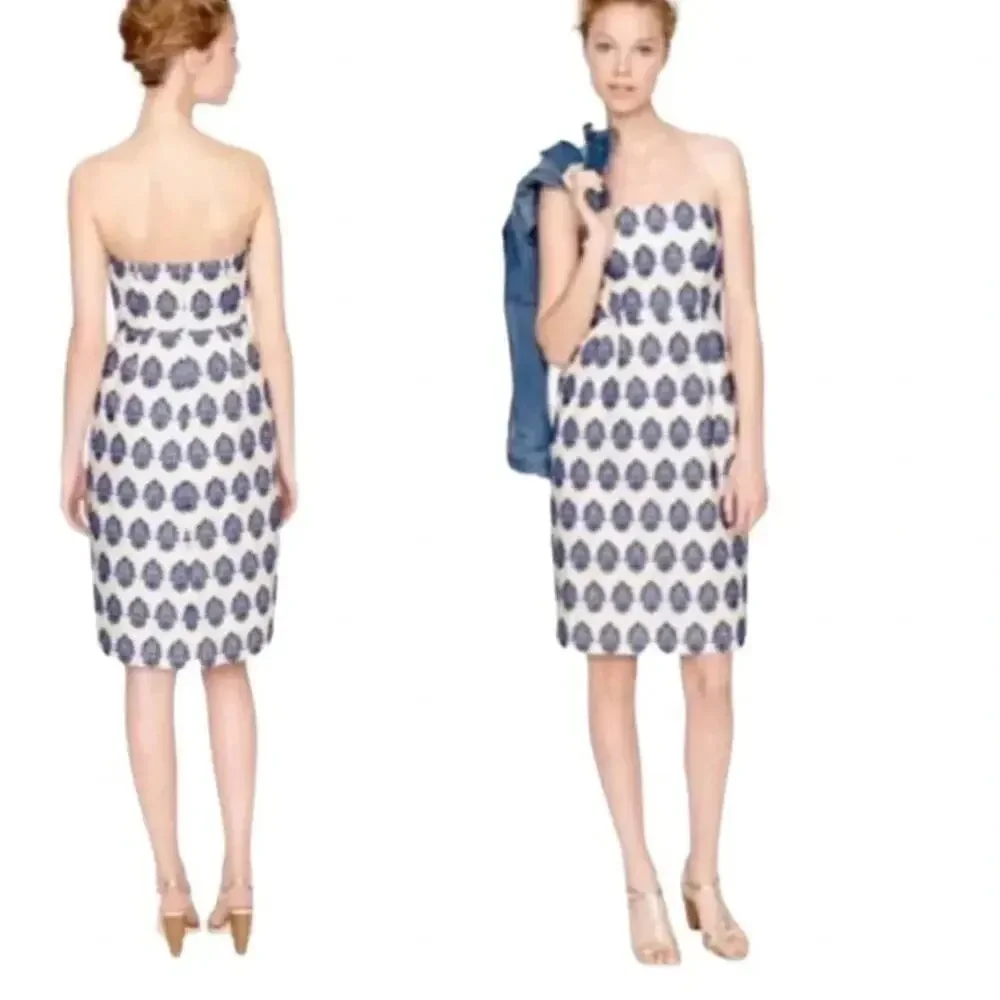 J. CREW FILIGREE-EMBROIDERED-STRAPLESS BEACH DRESS IVORY/BLUE SIZE 2
